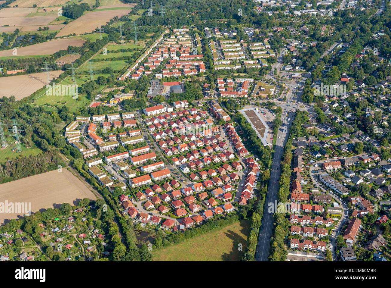 Luftaufnahme der Wohnsiedlung Boberger Dorfanger, Einfamilienhaus, Terrassenhaus, verkehrsberuhigt, Boberg, Bergedorf, Hamburg Stockfoto