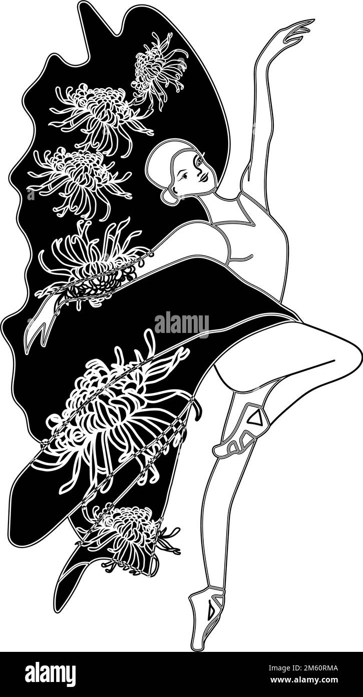 Aquarell tanzende Ballerina, schwarze Linien. Isolierte Tanzballerina. Handgezeichnete klassische Ballettaufführung, Pose. Junge, hübsche Ballerina-Frauen Stockfoto