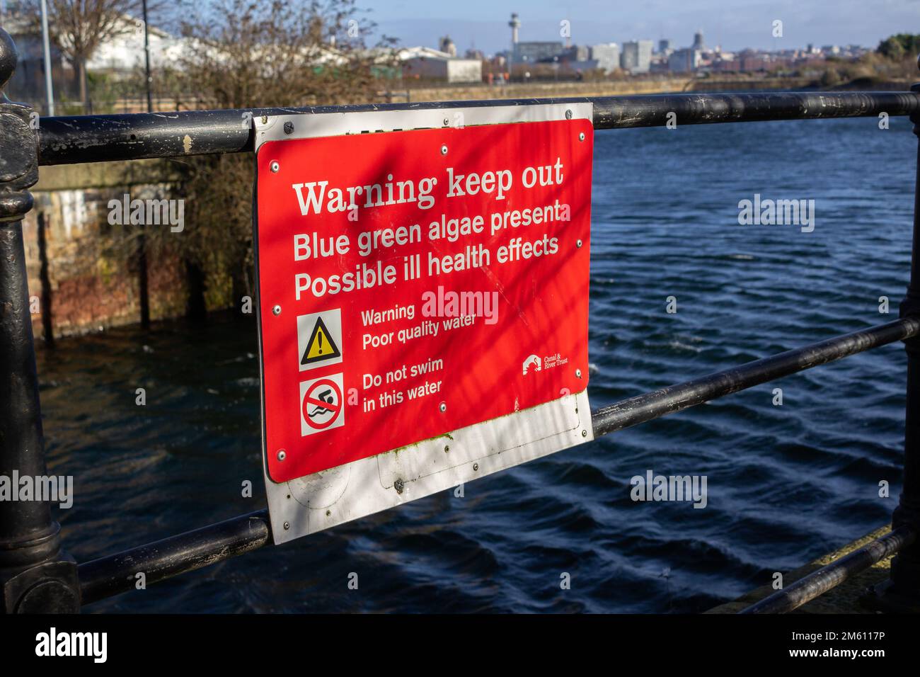 Birkenhead, UK: Warnschild „Verweilen verboten“, Morpeth Dock. Blaue grüne Algen vorhanden. Mögliche Gesundheitsschäden. Schlechte Wasserqualität. Nicht schwimmen. Stockfoto
