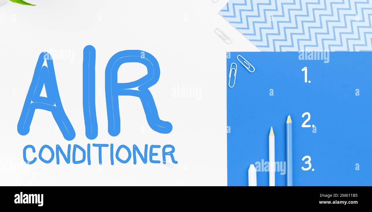 Schild mit der Aufschrift „Klimaanlage“. Betriebswirtschaftliche Geräte zum Waschen von Luft und zur Regelung von Luftfeuchtigkeit und Temperatur Stockfoto
