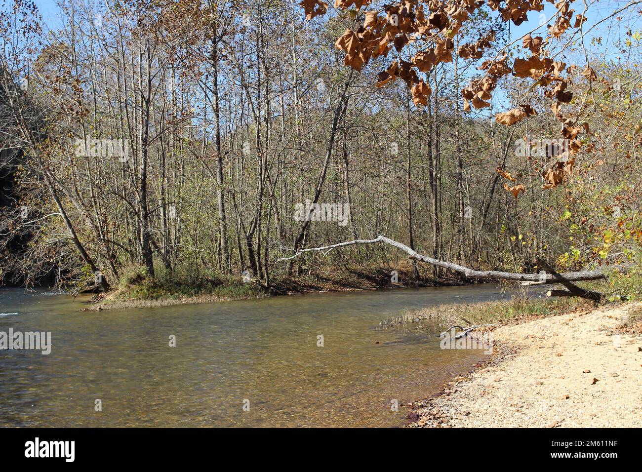 Breiter, flacher Winterfluss in den Ozark National Scenic Riverways bei Round Spring und Current River Stockfoto