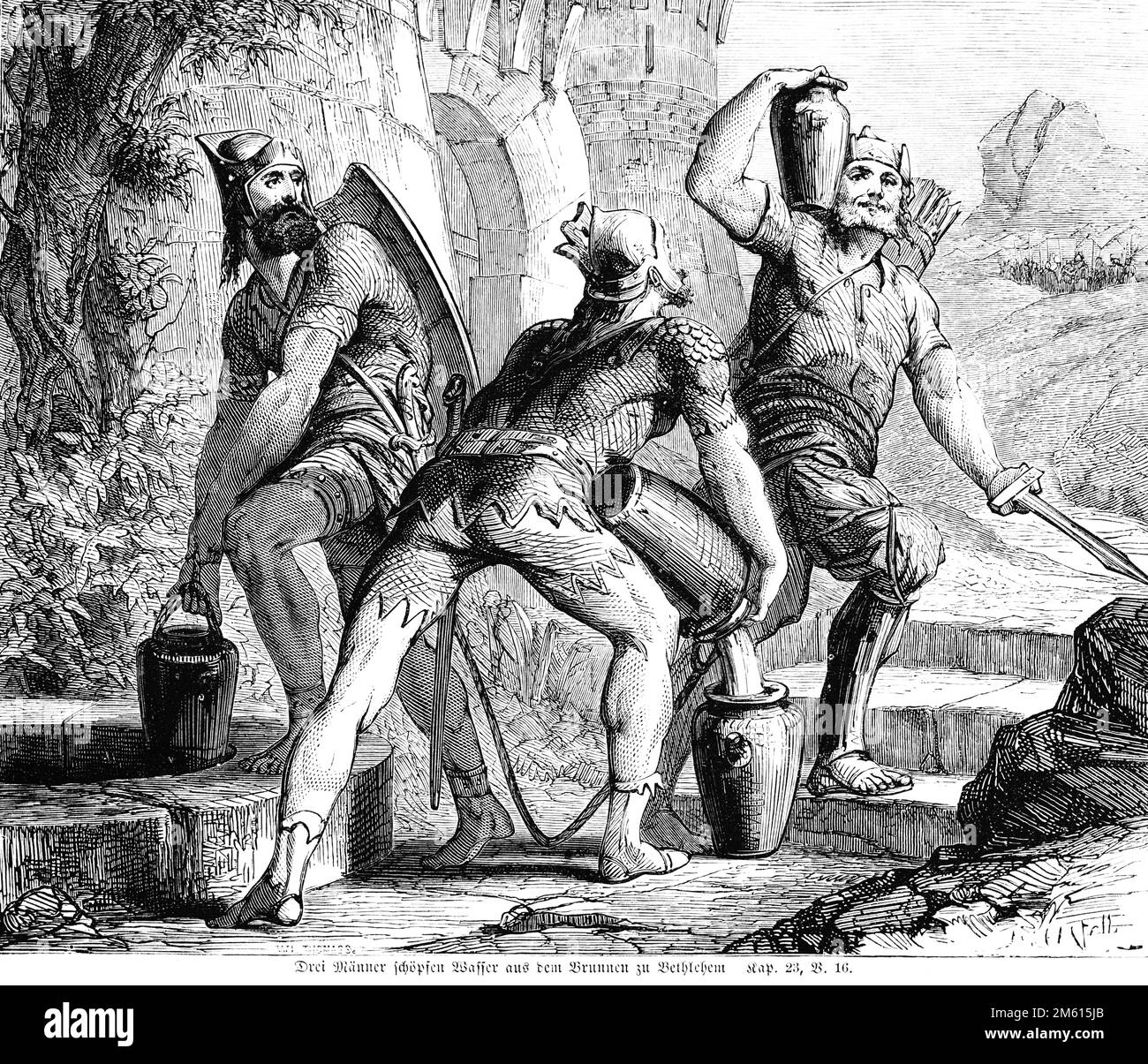 Die starken Männer ziehen Wasser aus dem Brunnen von Bethlehem, der Bibel, dem Alten Testament, dem Zweiten Buch Samuel, Kapitel 23, Verse16, Abbildung 1850 Stockfoto