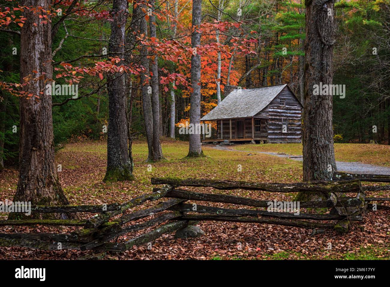 Herbstblick auf die Carter Shields Hütte im Cades Cove Abschnitt des Great Smoky Mountain National Park in Tennessee Stockfoto