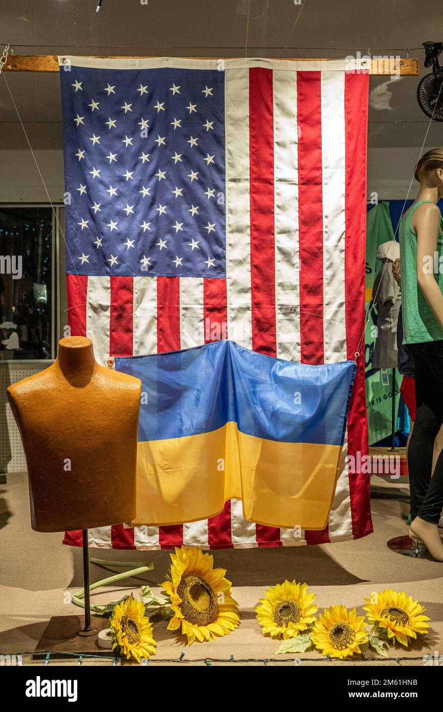 Eine amerikanische und eine ukrainische Flagge hängen in Gardner, MA, an einem Schaufenster Stockfoto