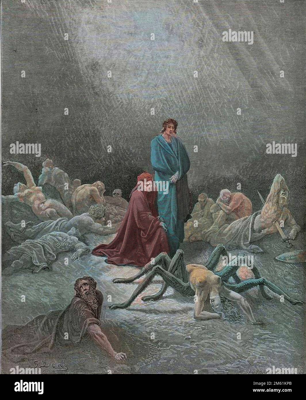 Die göttliche Komödie von Dante Alighieri , Purgatorio, Canto 12 : Dante blickt auf die Seele von Arachne - von Dante Alighieri (1265-1321) - Illustration de Gustave Dore (1832-1883), 1885 - Colorisation digital d'apres l'originale Stockfoto