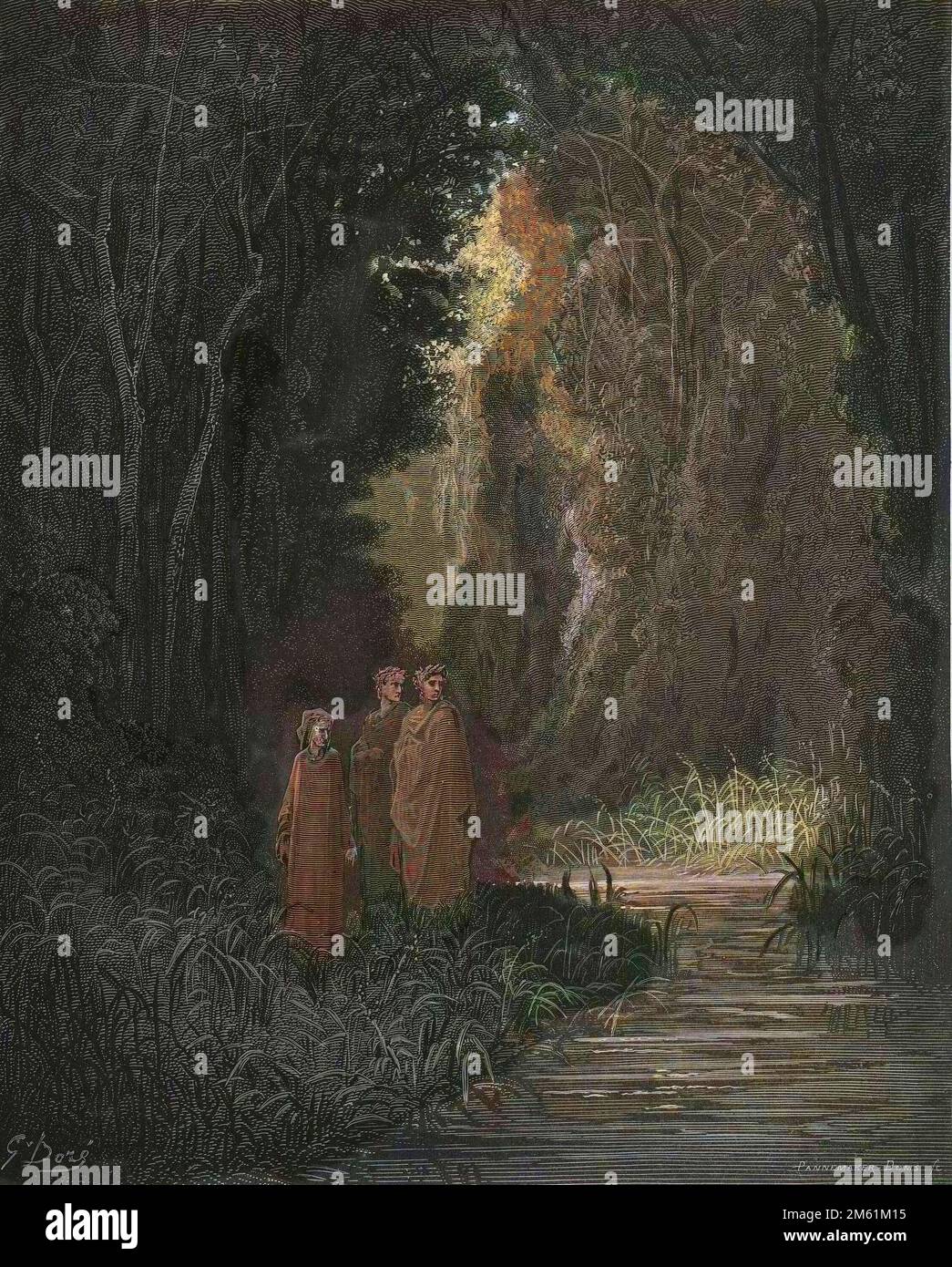 Die göttliche Komödie von Dante Alighieri , Purgatorio, Canto 28 : Dante, Virgil und Statius (Stace) im alten Wald des Landparadieses - von Dante Alighieri (1265-1321) - Illustration de Gustave Dore (1832-1883), 1885 - digitale Farbgebung d'apres l'originale Stockfoto