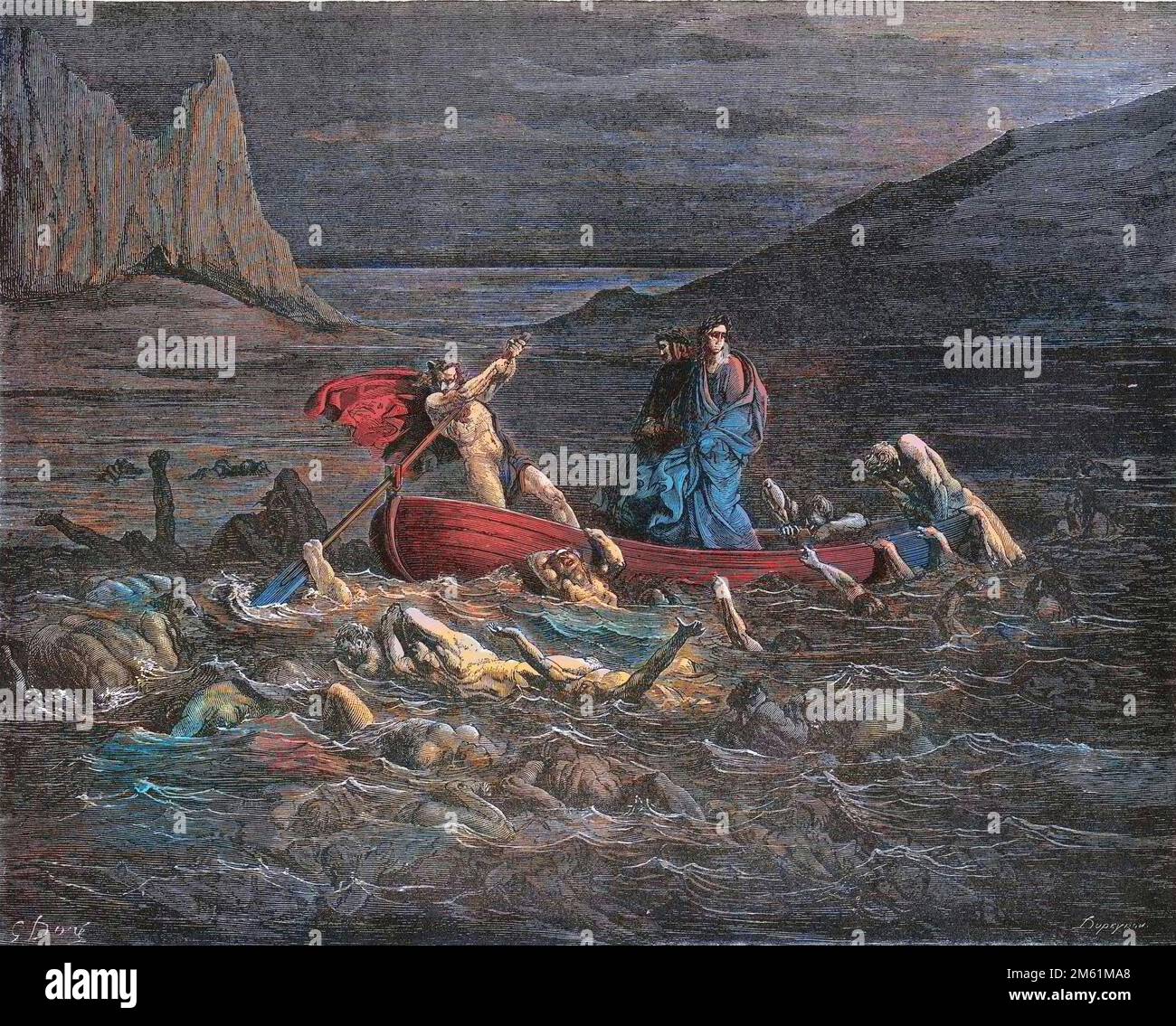 The Divine Comedy by Dante Alighieri , Inferno, Canto 8 : Phlegyas (Phlegias) Fähren Dante und Virgil über den Styx - von Dante Alighieri (1265-1321) - Illustration de Gustave Dore (1832-1883), 1885 - Colorisation digital d'apres l'originale Stockfoto