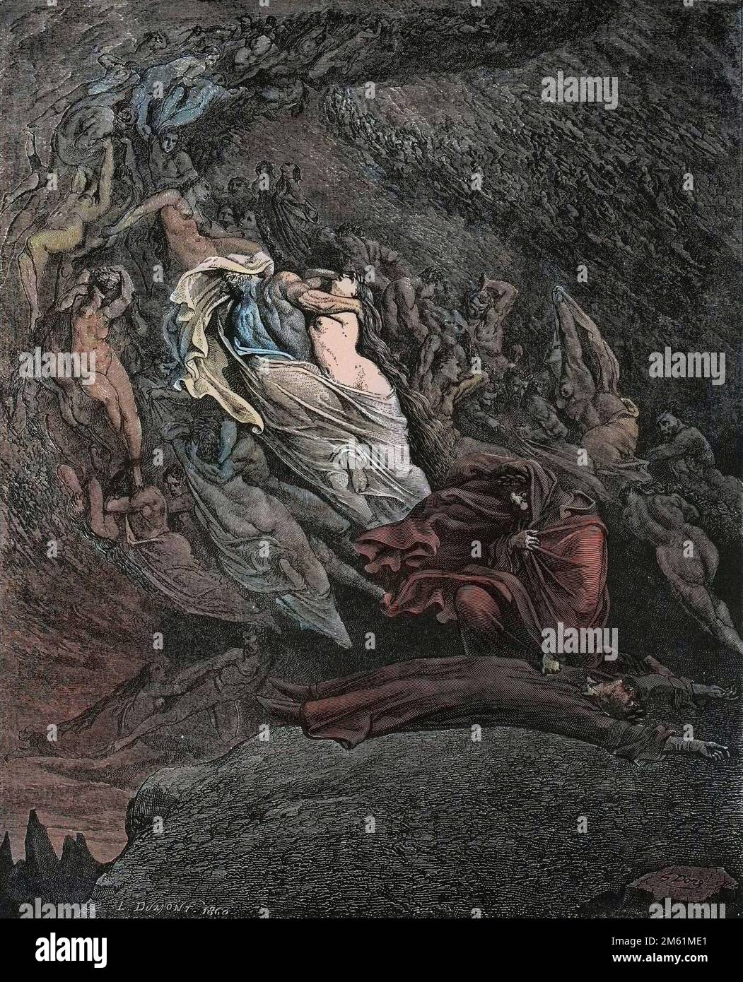 Die Göttliche Komödie von Dante Alighieri , Inferno, Canto 5 : Francesca Da Rimini (Francoise de Rimini, 1255-1285) beschreibt ihren Tod - von Dante Alighieri (1265-1321) - Illustration de Gustave Dore (1832-1883), 1885 - Colorisation digital d'apres l'originale Stockfoto