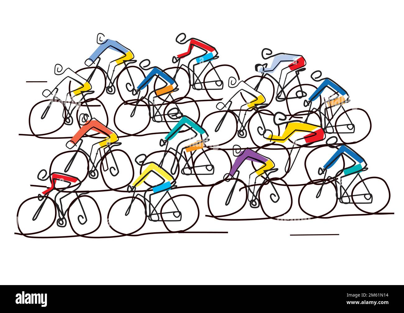 Radfahrer Peloton, Radrennen, Linienkunst stilisiert. Darstellung einer Gruppe von Radfahrern auf einer Straße. Durchgehende Linienzeichnung. Vektor verfügbar. Stock Vektor