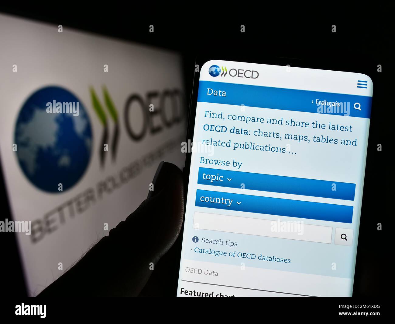 Person, die ein Mobiltelefon mit einer Webseite der zwischenstaatlichen Organisation OECD auf dem Bildschirm vor dem Logo hält. Konzentrieren Sie sich auf die Mitte des Telefondisplays. Stockfoto