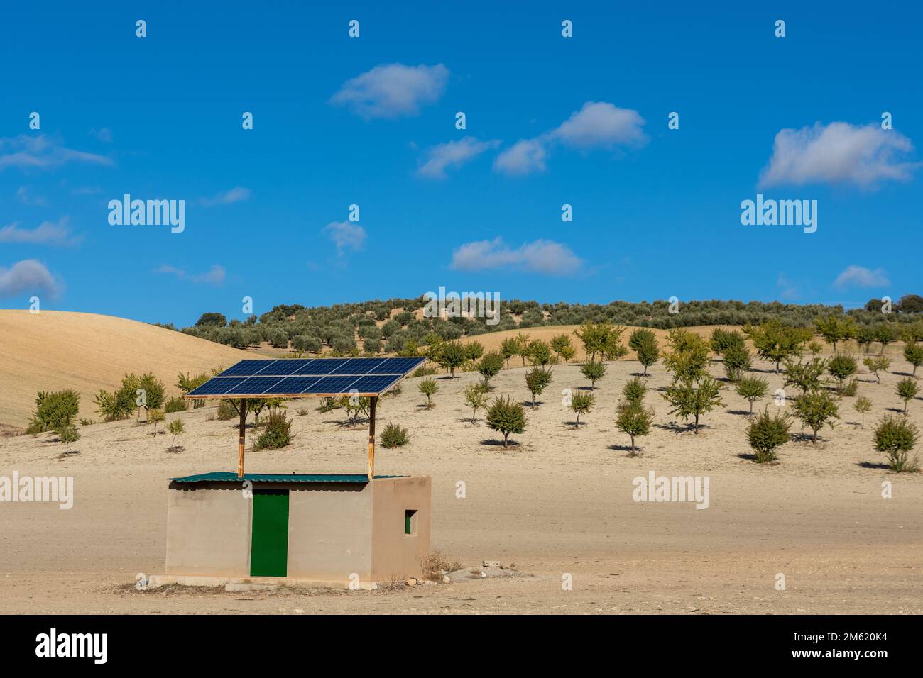 Sonnenkollektoren in einem Schuppen für ein Erntefeld in Andalusien (Spanien) an einem sonnigen Tag Stockfoto