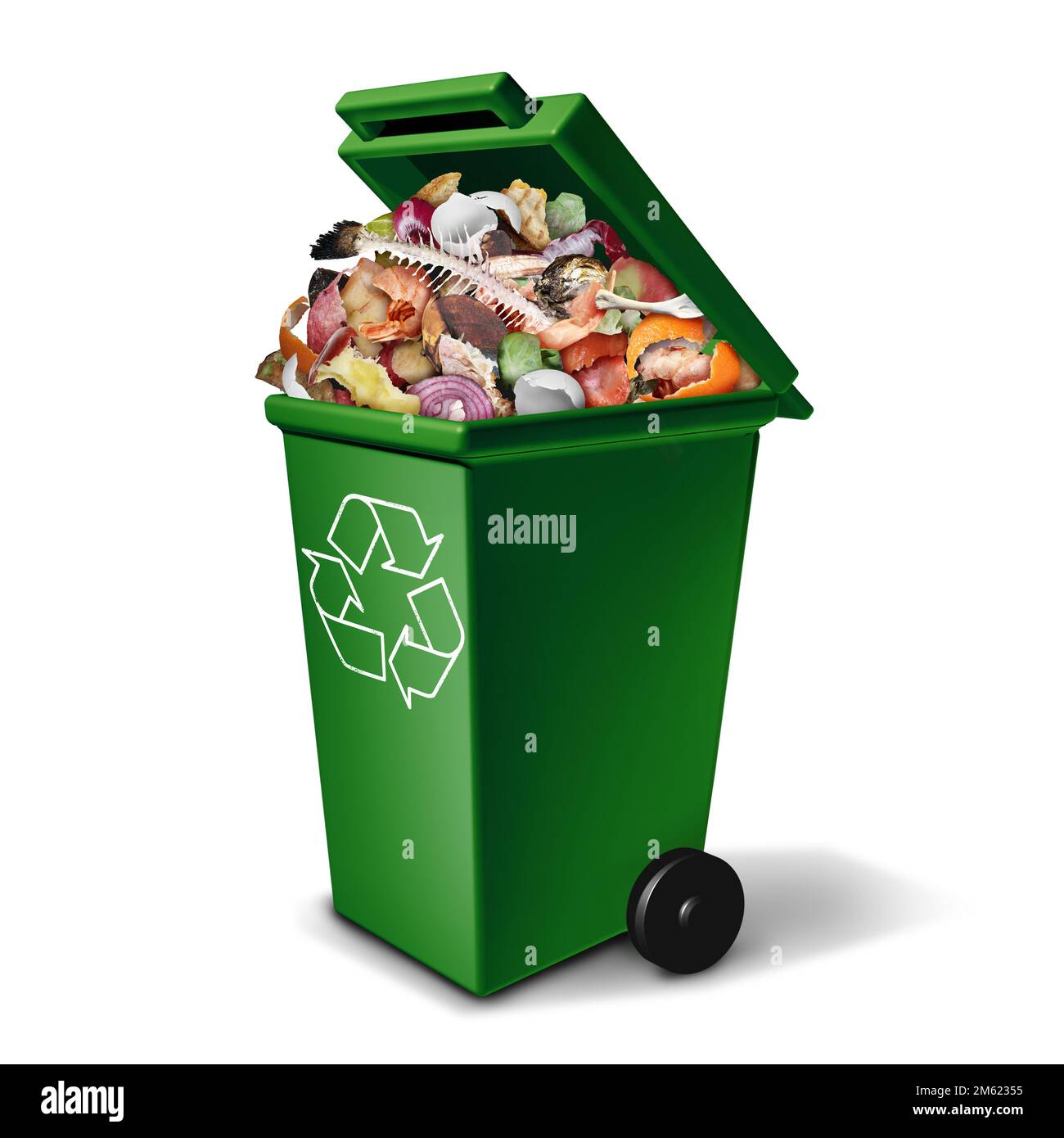 Grüner Kompost und Kompostierung Recycling Müllcontainer zum Recycling organischer Abfälle und kompostierter Lebensmittel zur Umwandlung in Dünger Stockfoto