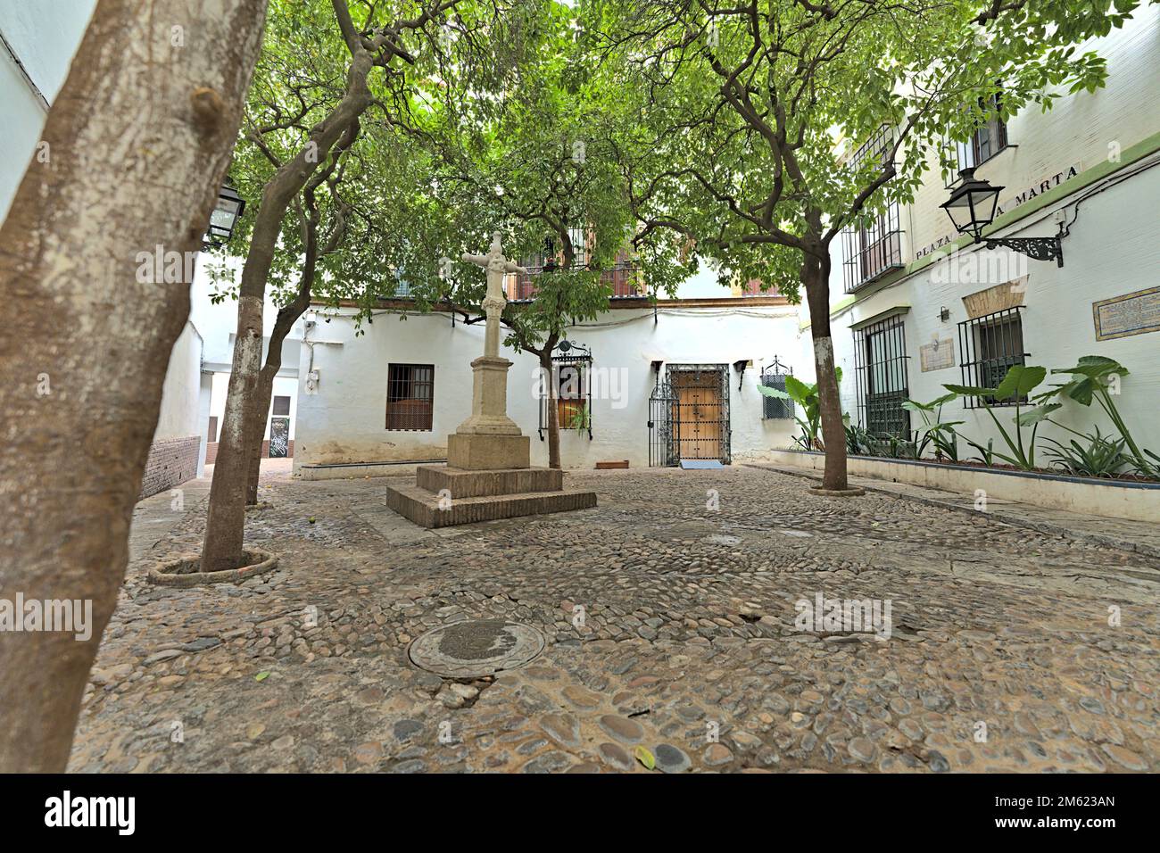Plaza de Santa Marta in Sevilla mit Bäumen und ohne Leute. Es befindet sich in der Nähe der Kathedrale und ist nur über eine enge Straße zu erreichen. Stockfoto