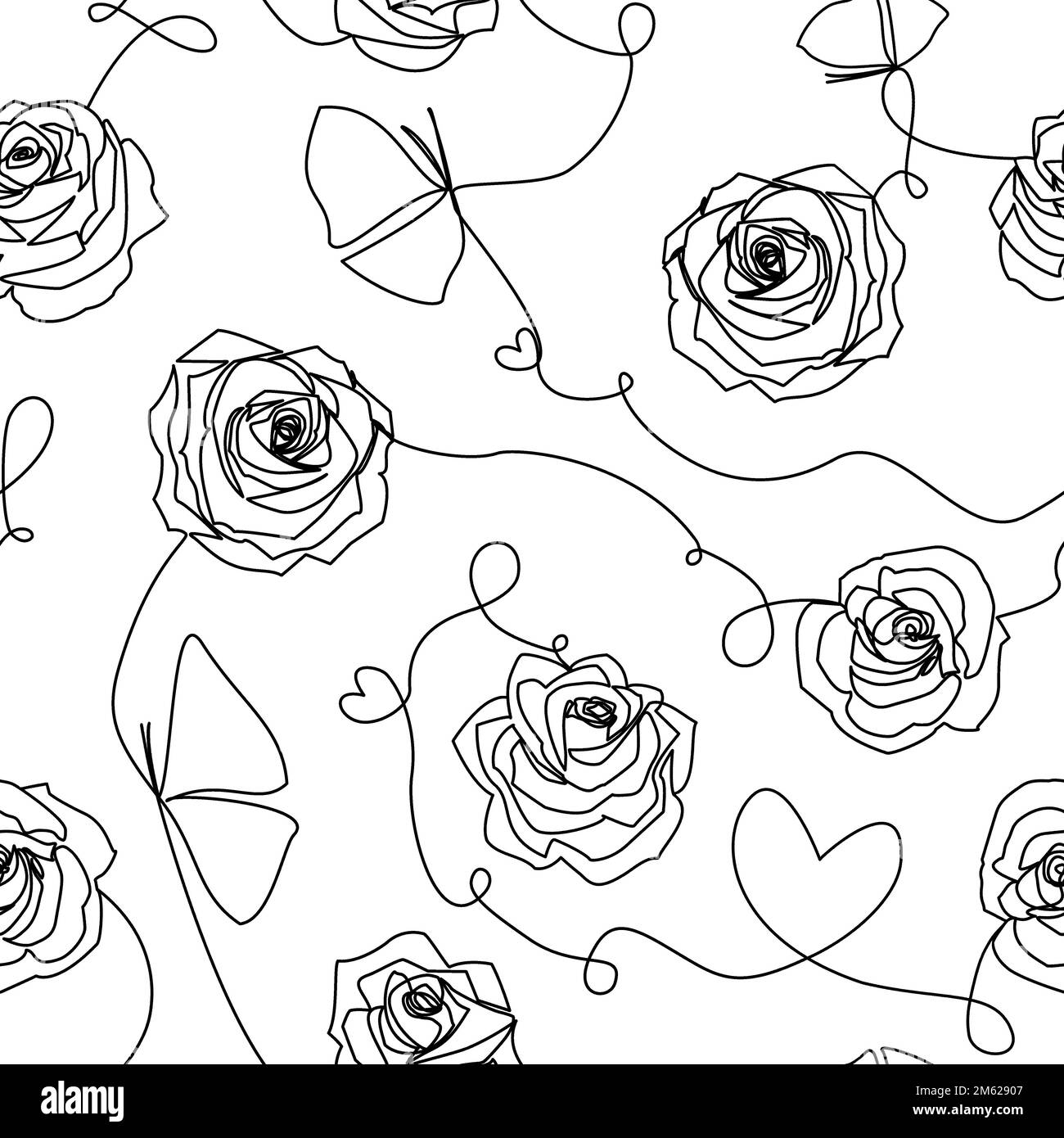 Einzeilige Schwarzweiß-Zeichnung abstrakter zeitgenössischer Kunst. Modernes, nahtloses Muster mit Rosen, Blumen, Herzen, Schmetterlingen aus weißem, durchgehendem B Stockfoto