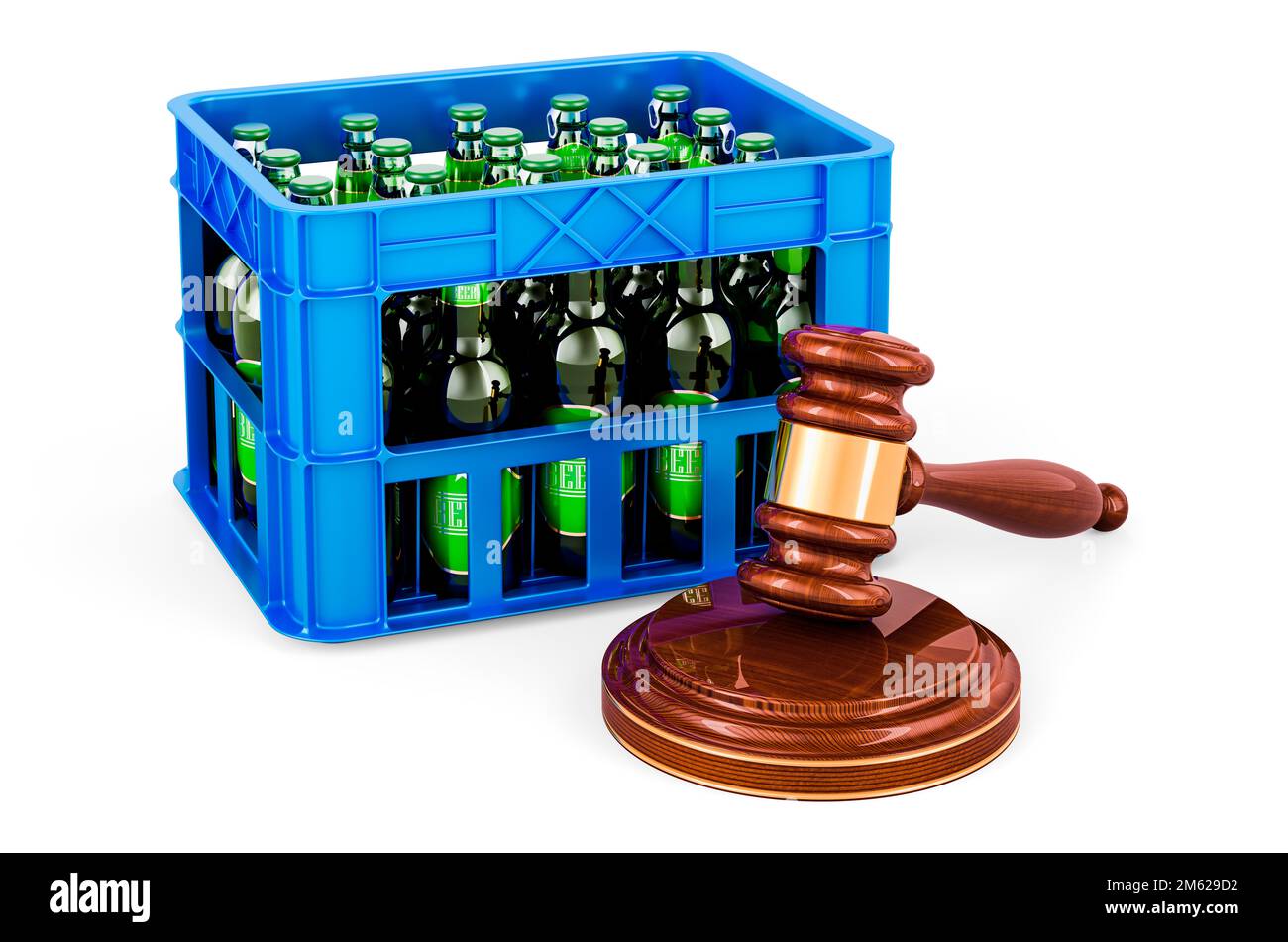 Kiste volle Bierflaschen mit Holzhammer, 3D-Rendering isoliert auf weißem Hintergrund Stockfoto