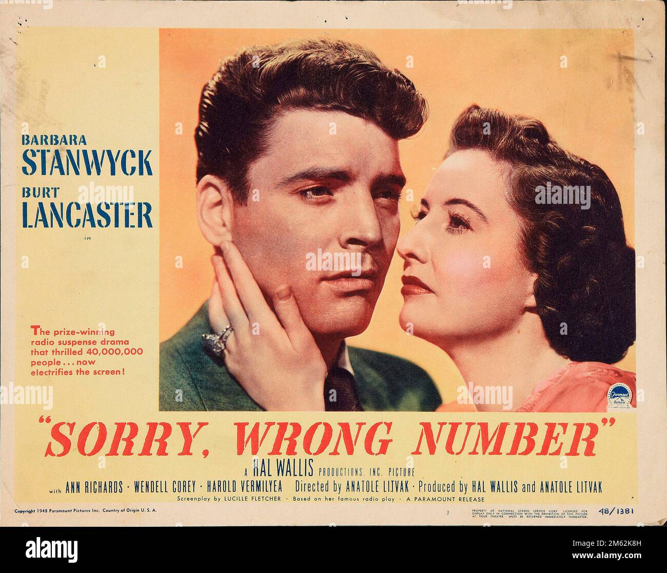 BURT LANCASTER und BARBARA STANWYCK in SORRY, FALSCHE NUMMER (1948), Regie: ANATOLE LITVAK. Kredit: PARAMOUNT PICTURES / Album Stockfoto