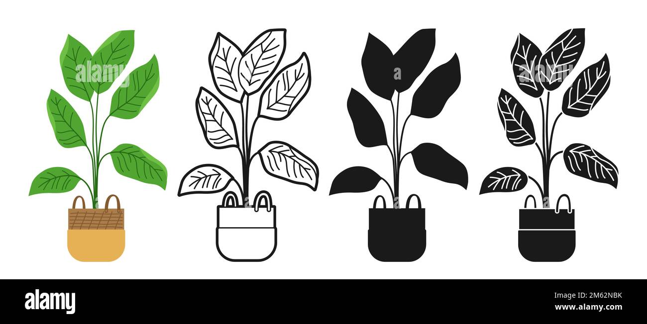 Hauspflanze im Topf, dekoratives Cartoon-Set. Exotische Zimmerpflanzen Blumentopf für den Innenbereich. Botanische Keramik-Topfpflanzen Doodle, Line Icon oder Silhouette-Kollektion. Isolierter flacher Vektor Stock Vektor