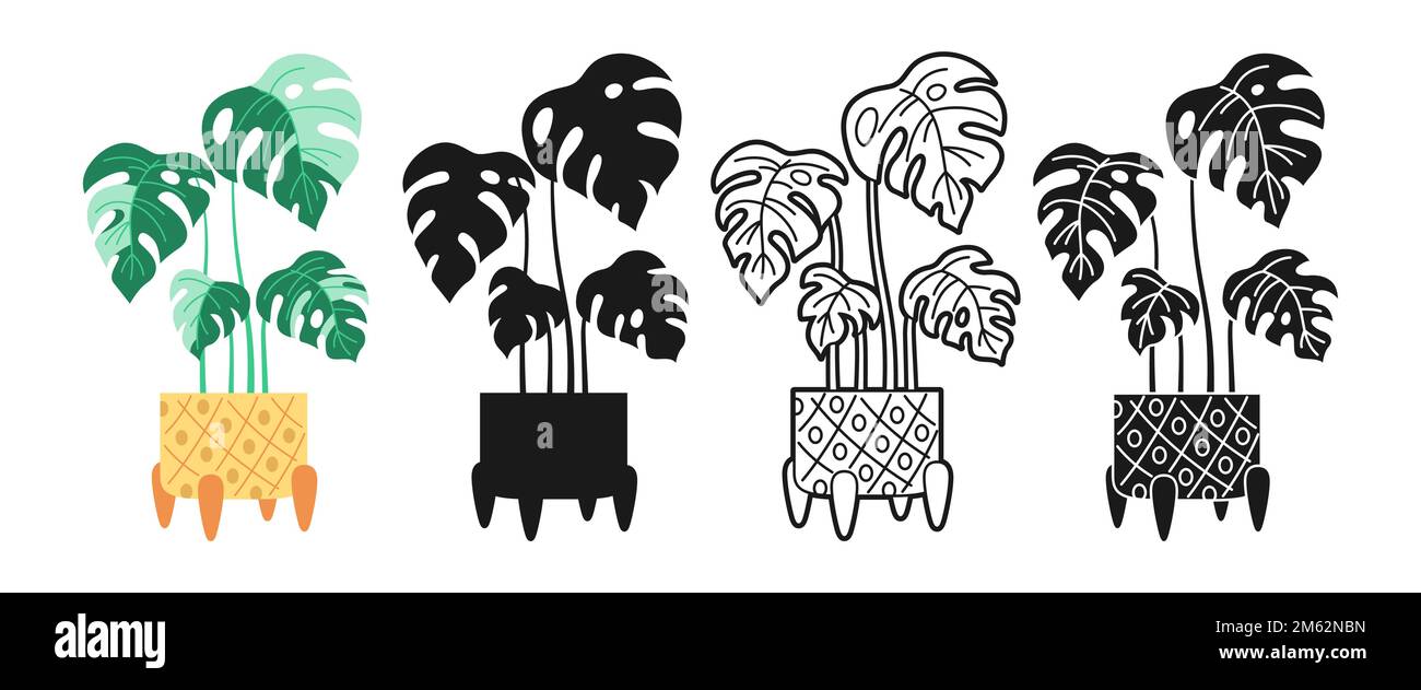 Cartoon-Ikonenset mit Blumentöpfen. Exotische Zimmerpflanzen Blütentopf Liniensymbol. Kollektion aus Keramik mit Kritzeleien, Ikonen oder Silhouetten im Botanical House Monstera. Blattwerk im Topfvektor Stock Vektor