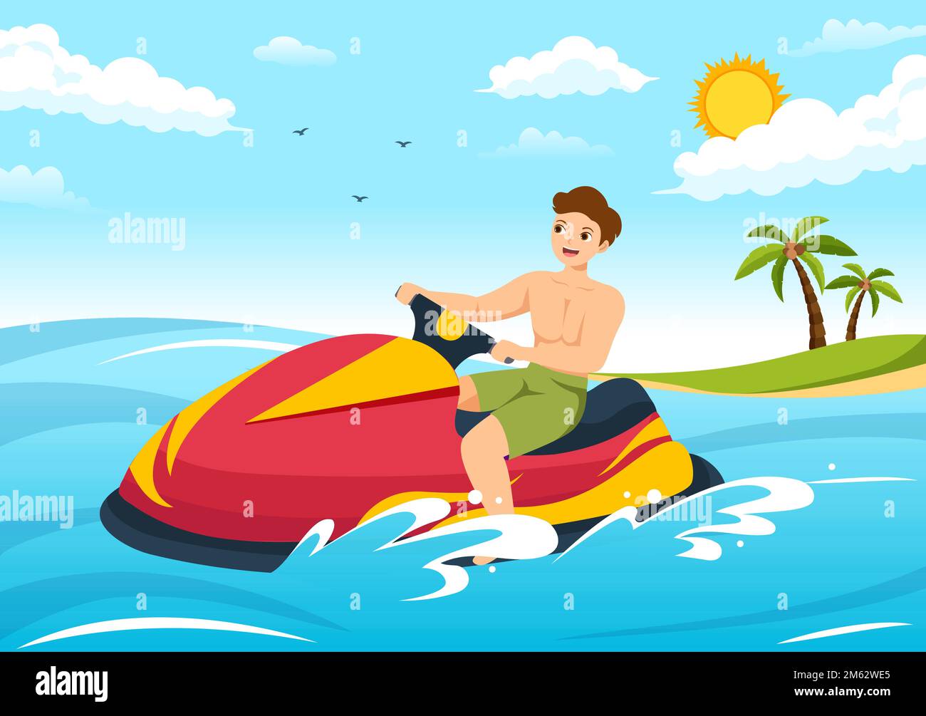 Leute fahren Jet Ski Illustration Sommerurlaub Erholung, Extreme Wassersport und Resort Beach Aktivität in Hand Drawn Flat Cartoon Template Stock Vektor