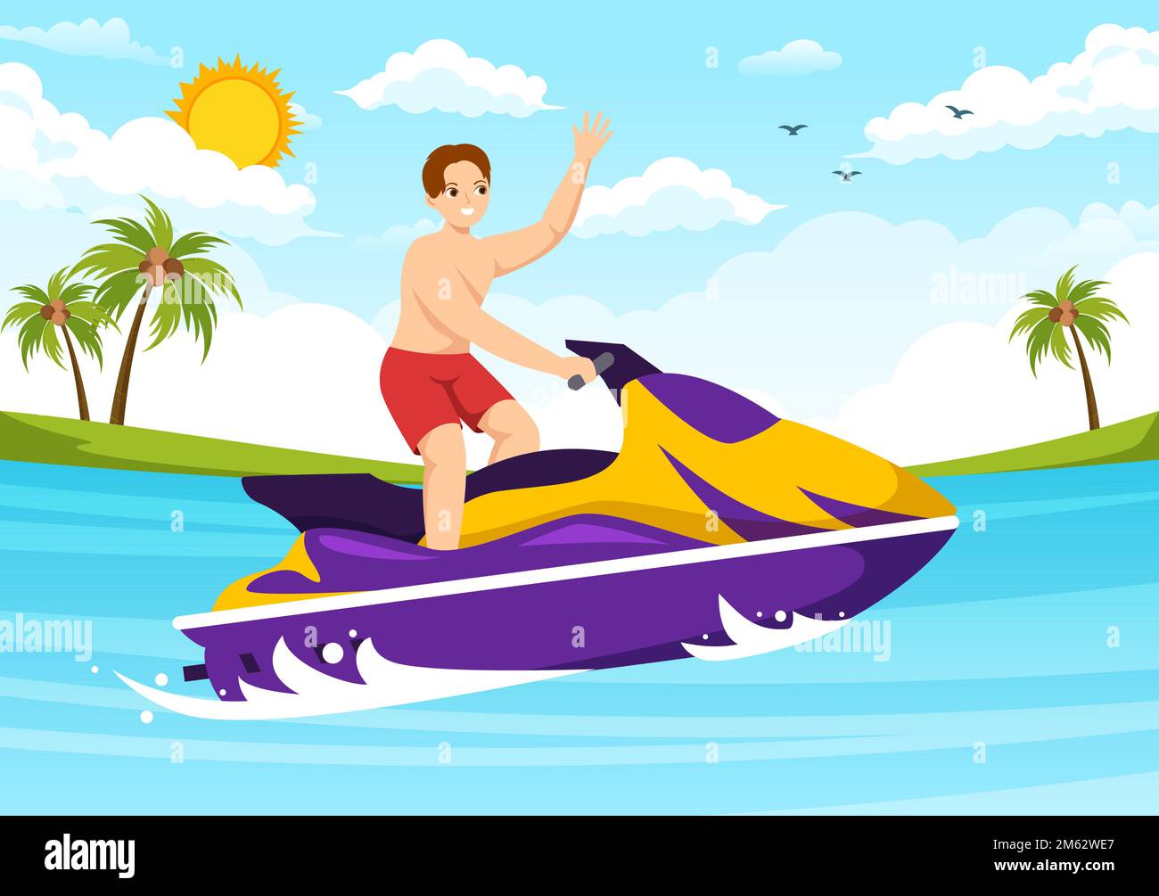 Leute fahren Jet Ski Illustration Sommerurlaub Erholung, Extreme Wassersport und Resort Beach Aktivität in Hand Drawn Flat Cartoon Template Stock Vektor