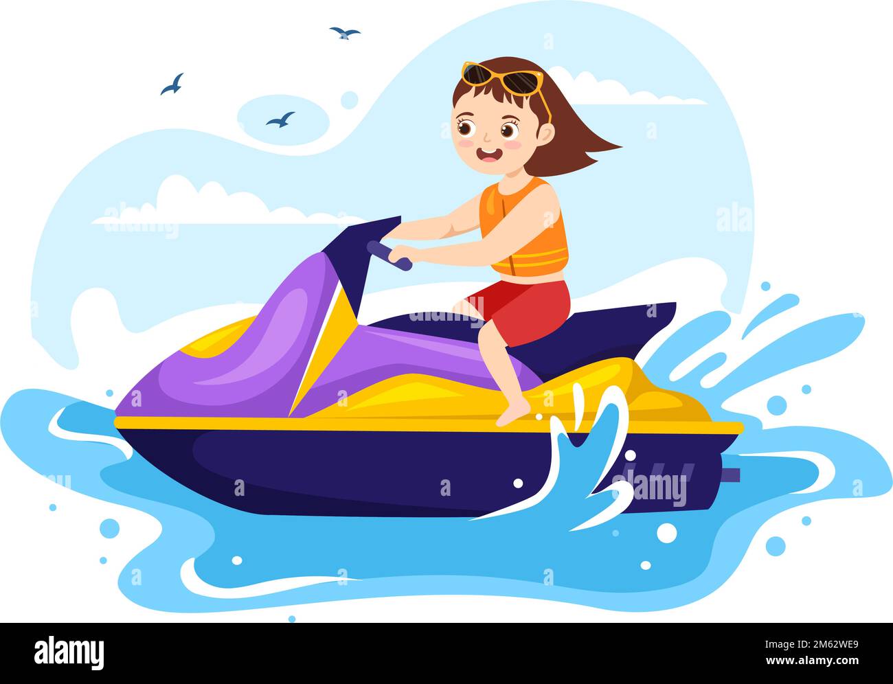 Kinder fahren Jet Ski Illustration Sommerurlaub Erholung, Extreme Wassersport und Resort Strandaktivität in Hand Drawn Flat Cartoon Vorlage Stock Vektor
