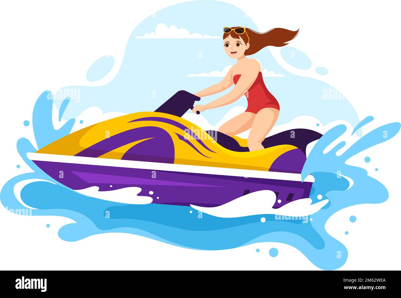 Leute fahren Jet Ski Illustration Sommerurlaub Erholung, Extreme Wassersport und Resort Beach Aktivität in Hand Drawn Flat Cartoon Template Stock Vektor