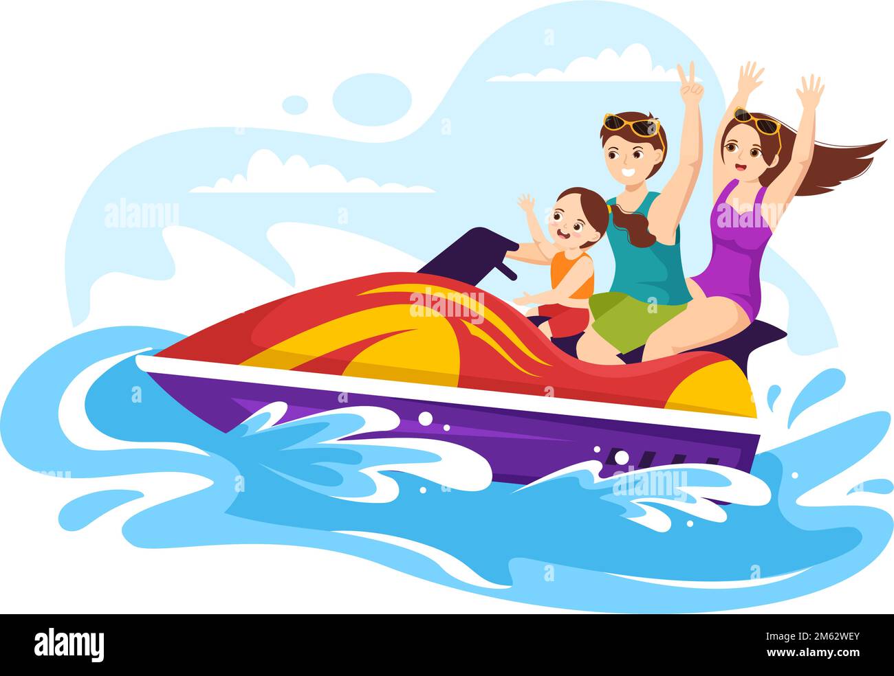 Kinder fahren Jet Ski Illustration Sommerurlaub Erholung, Extreme Wassersport und Resort Strandaktivität in Hand Drawn Flat Cartoon Vorlage Stock Vektor