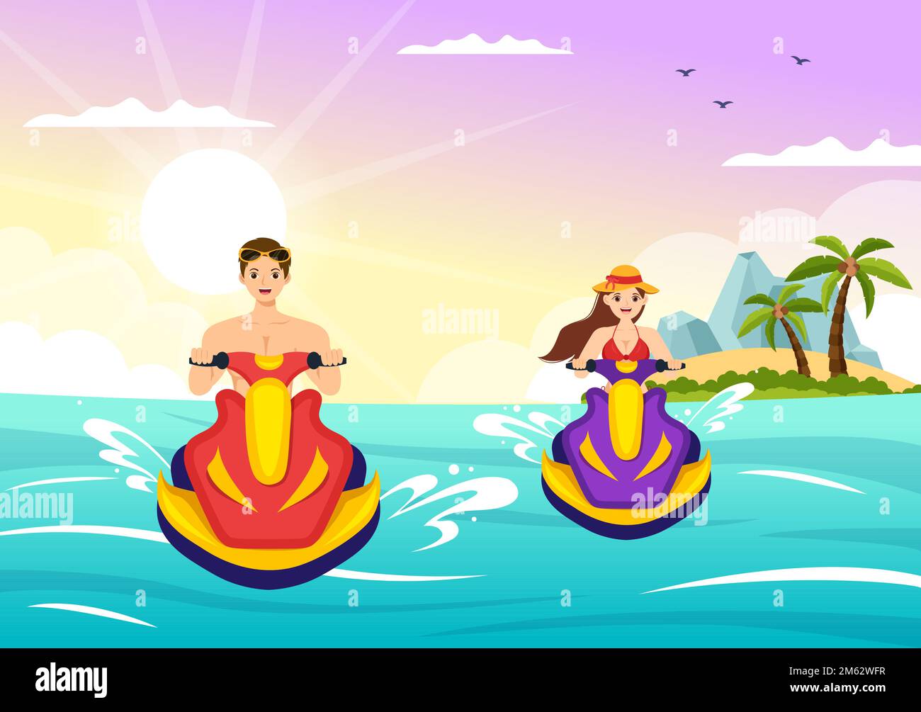 Leute fahren Jet Ski Illustration Sommerurlaub Erholung, Extreme Wassersport und Resort Beach Aktivität in Hand Drawn Flat Cartoon Template Stock Vektor