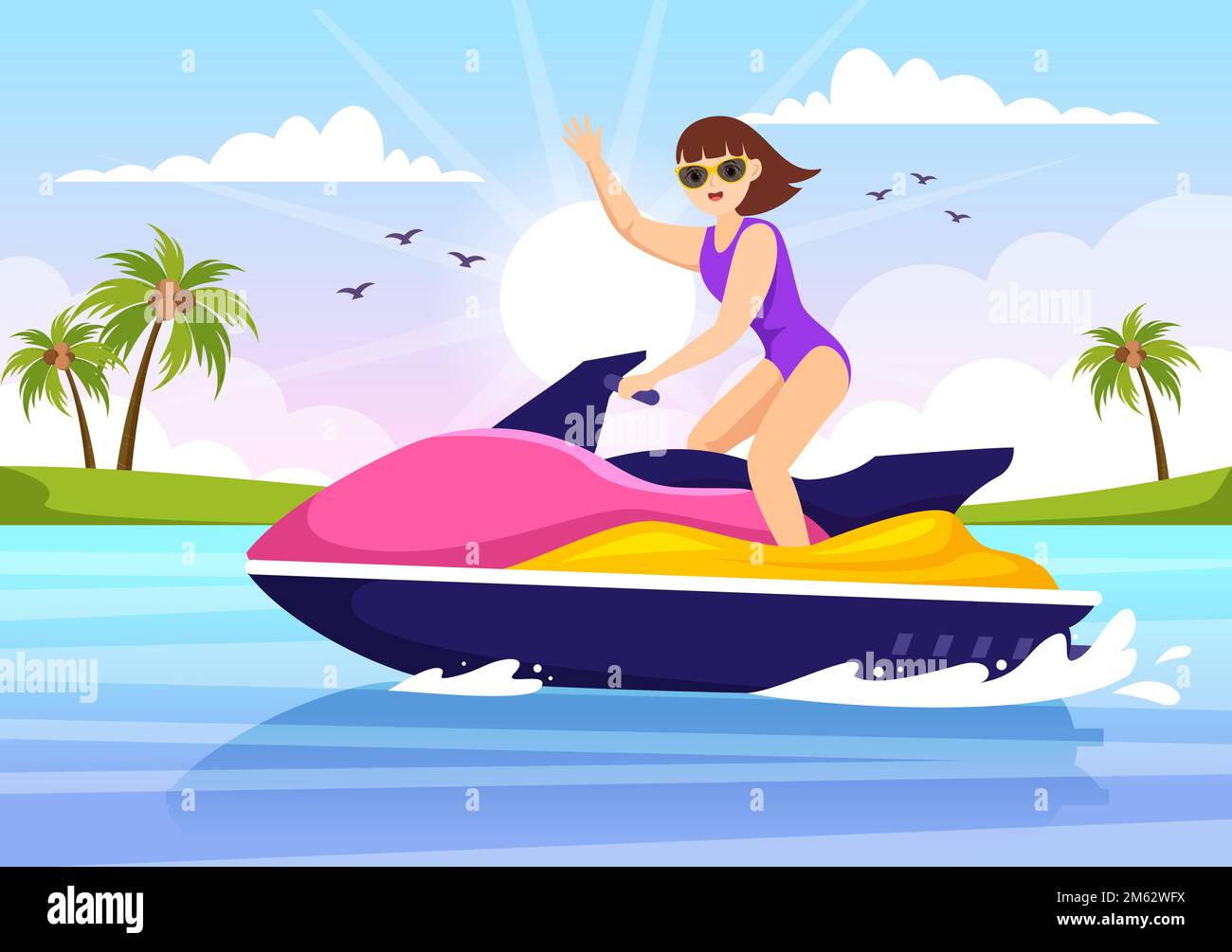 Leute fahren Jet Ski Illustration Sommerurlaub Erholung, Extreme Wassersport und Resort Beach Aktivität in Hand Drawn Flat Cartoon Template Stock Vektor