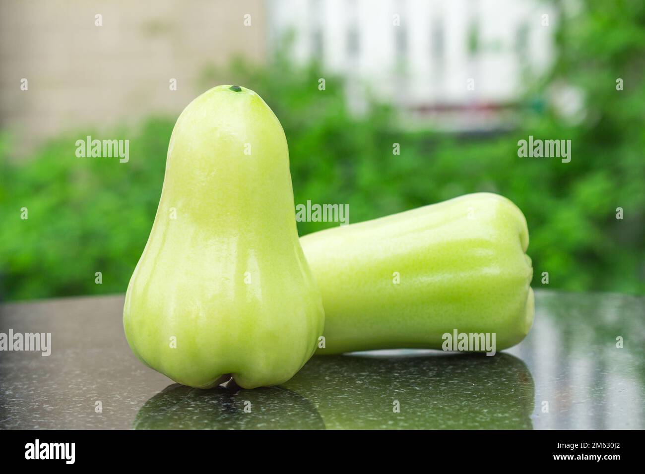 Grüner Rosenapfel auf schwarzem Marmor. Im Freien. Garten. Tag. Stockfoto