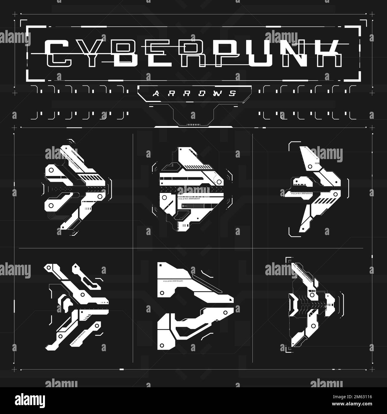 Satz Cyberpunk-Pfeile. Kit von futuristischen Interface Cyber-Elemente. Cyberpunk-Zeiger, Richtung. Sammlung von Tech-Stil Pfeile für die Gestaltung des Spiels Stock Vektor