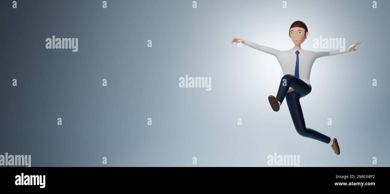 Businessman-Cartoon-Figur-Springposition isoliert auf hellblauem Hintergrund. 3D-Rendering Stockfoto