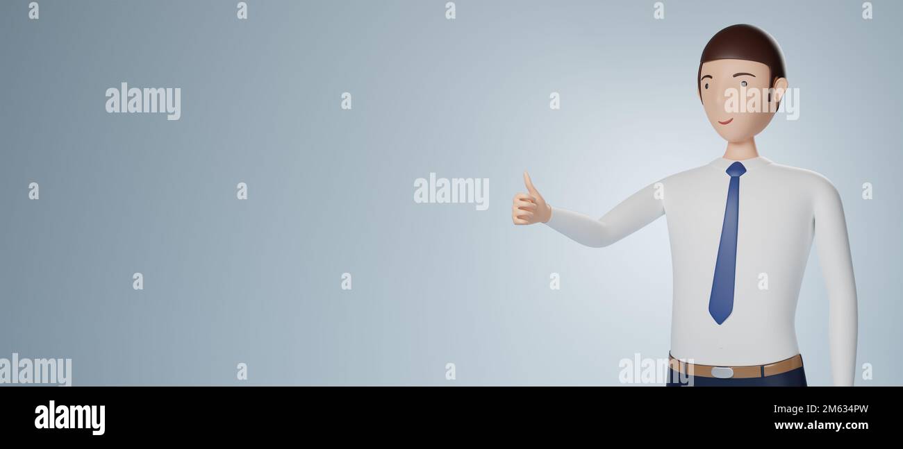 Geschäftsmann Cartoon-Figur steht und Daumen hoch isoliert auf hellblauem Hintergrund. 3D-Rendering Stockfoto