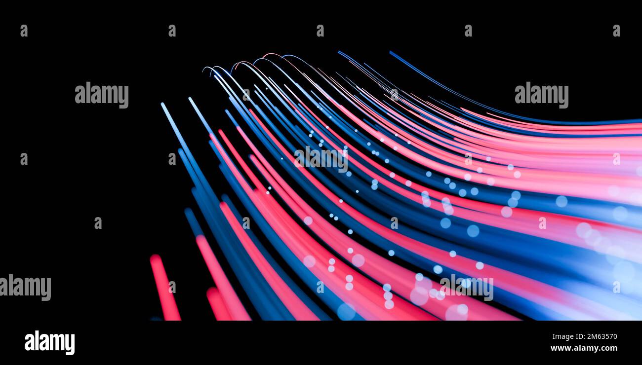 Wellenlinien fließen dynamisch in blau und rot, isoliert auf schwarzem Hintergrund. KI-Technologie, Wissenschaft, digitales und Kommunikationskonzept. 3D r Stockfoto