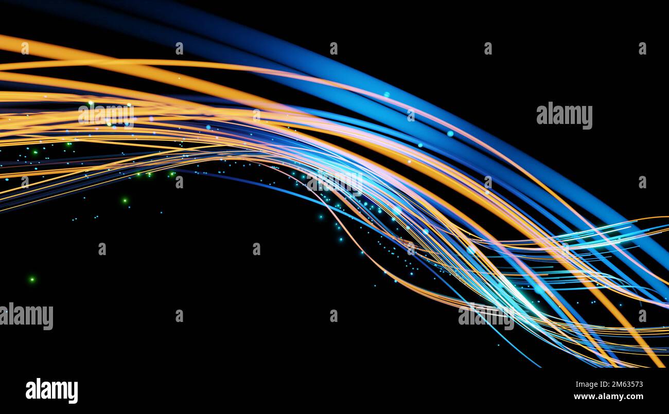 Wellenlinien fließen dynamisch in blau und orange, isoliert auf schwarzem Hintergrund. KI-Technologie, Wissenschaft, digitales und Kommunikationskonzept. 3 Stockfoto