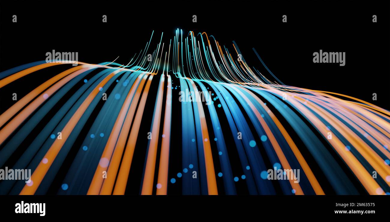 Wellenlinien fließen dynamisch in blau und orange, isoliert auf schwarzem Hintergrund. KI-Technologie, Wissenschaft, digitales und Kommunikationskonzept. 3 Stockfoto