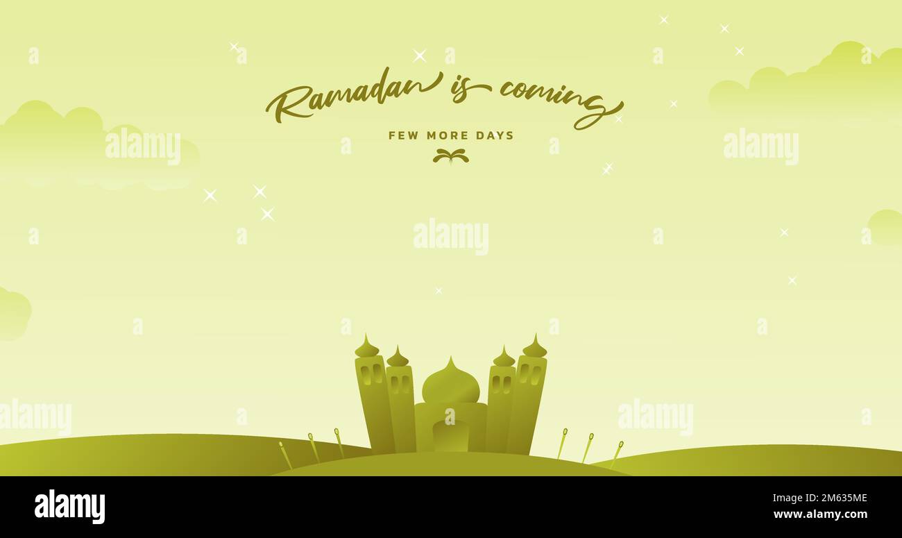 Der Hintergrundmonat des Ramadan kommt bald. Islamische Grußkartenvorlage mit Moschee. Poster, Medienbanner. Islamischer Themenhintergrund. Stock Vektor