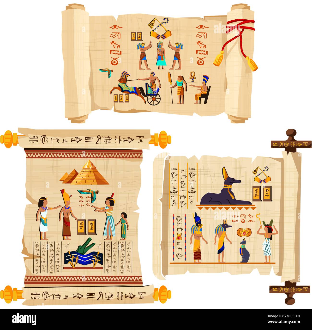 Alte ägyptische Papyrus-Scroll-Cartoon-Vektorsammlung mit Hieroglyphen und ägyptischen Kultursymbolen, antiken Göttern, Pyramiden, Skarabäen und menschlichen Figuren. Mit roter Schnur dekoriert und isoliert Stock Vektor