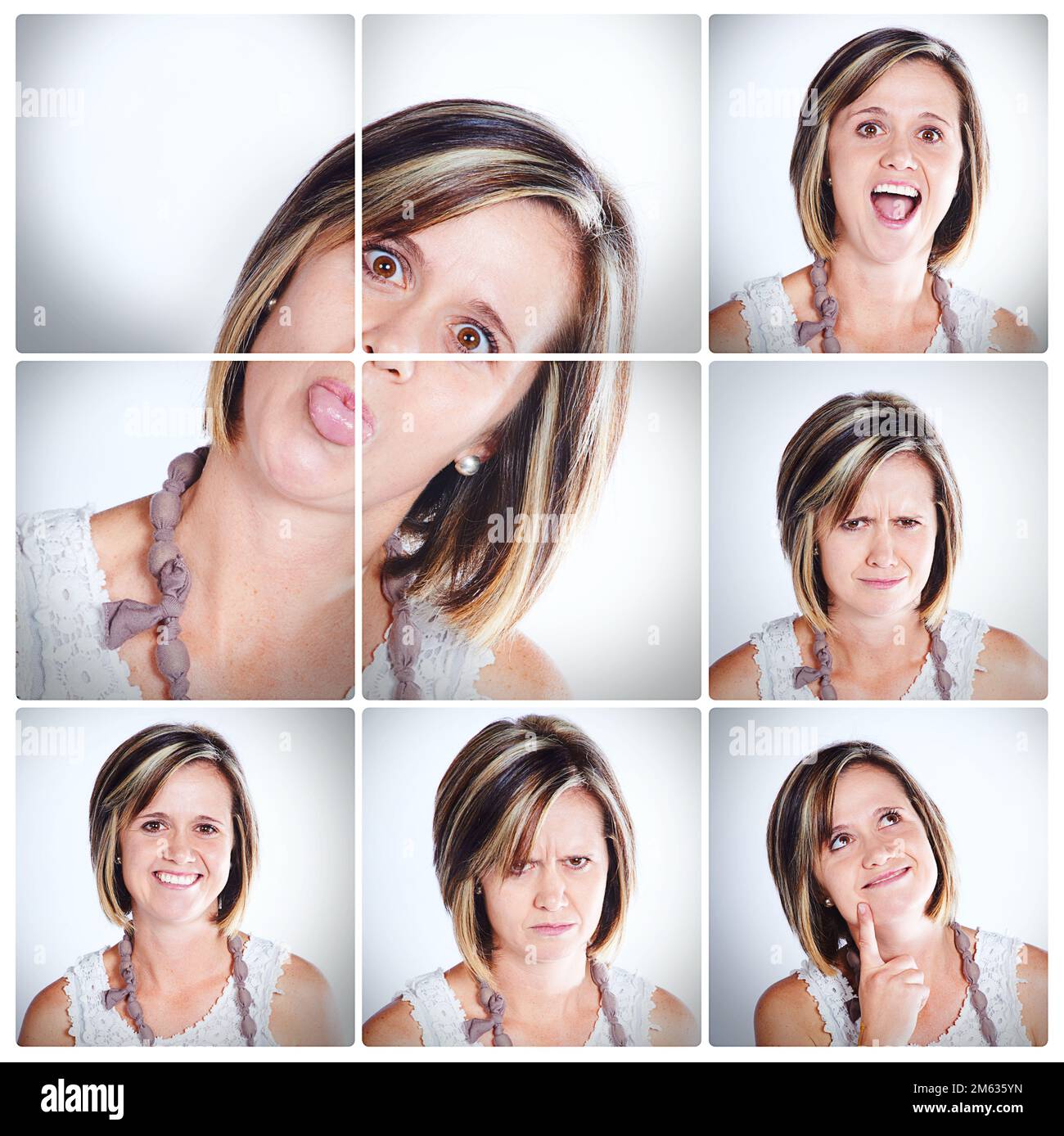 Meine vielen Launen. Kompositaufnahme einer Frau mit verschiedenen Gesichtsausdrücken. Stockfoto