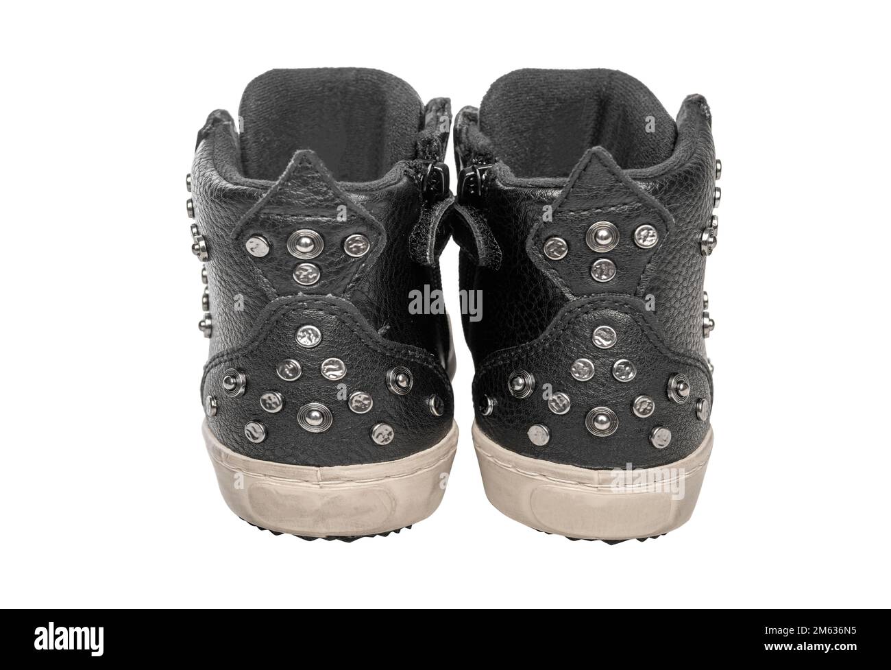 Hohe Lederschuhe auf weißem Hintergrund. Stockfoto
