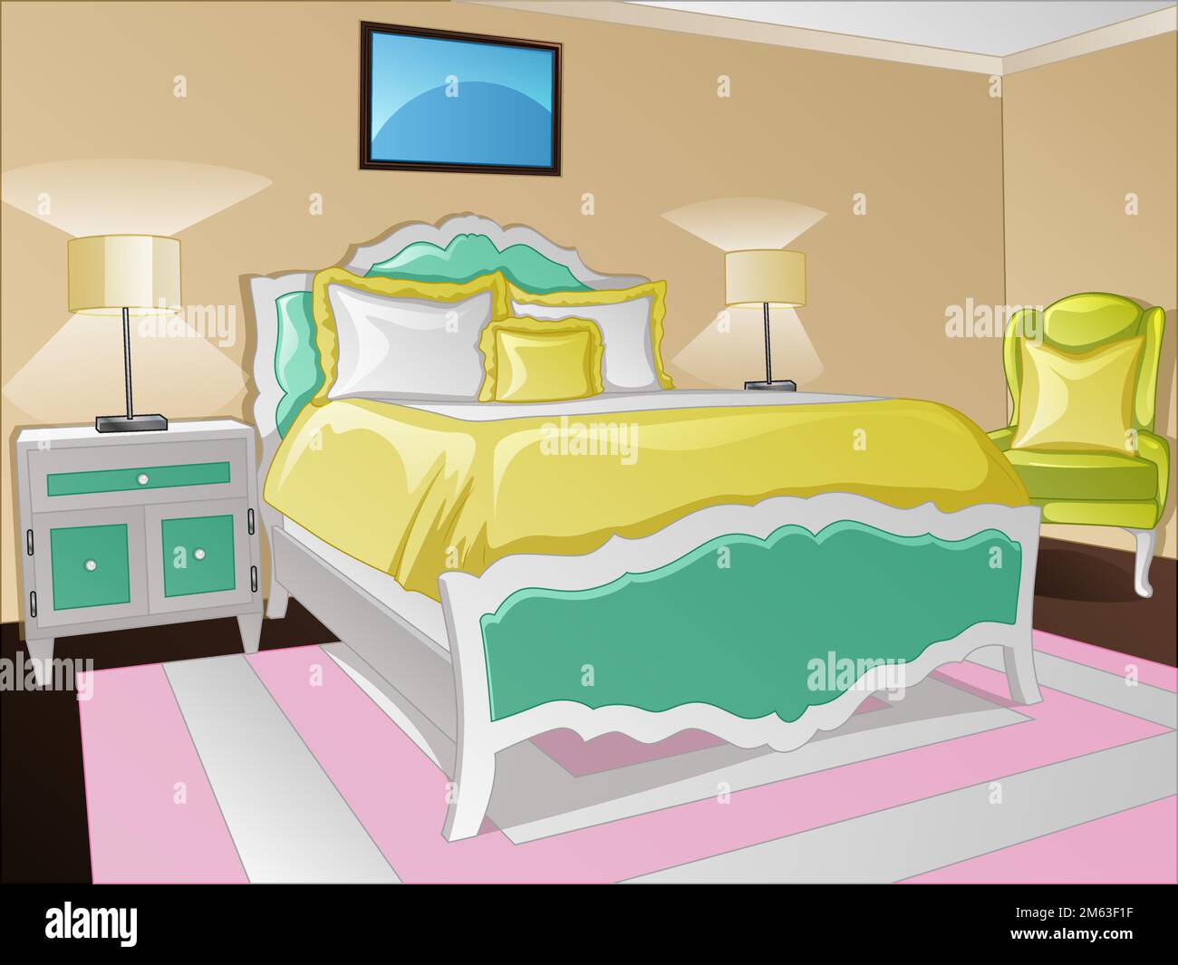 Farbenfrohe Cartoon-Schlafzimmer-Hintergrundszene. Vektordarstellung Stock Vektor