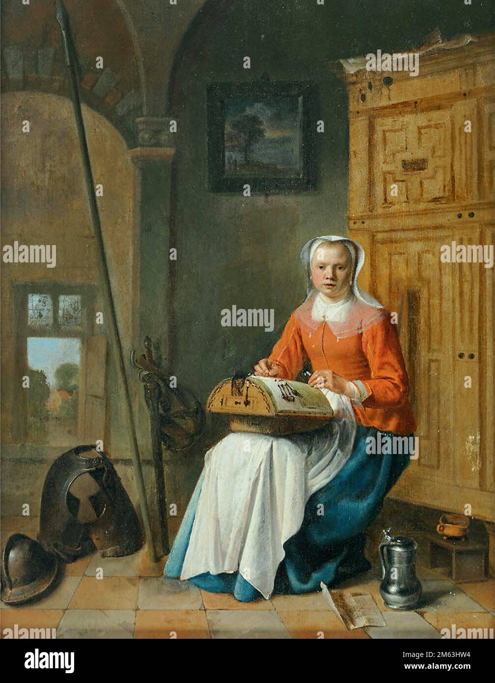 Pieter Jacobsz. Codde (niederländischer Künstler, 1599-1678). Nähen Indoors, der Schnürsenkel. Er war holländischer Maler aus dem Goldenen Zeitalter und Druckmacher. Er ist am bekanntesten Stockfoto