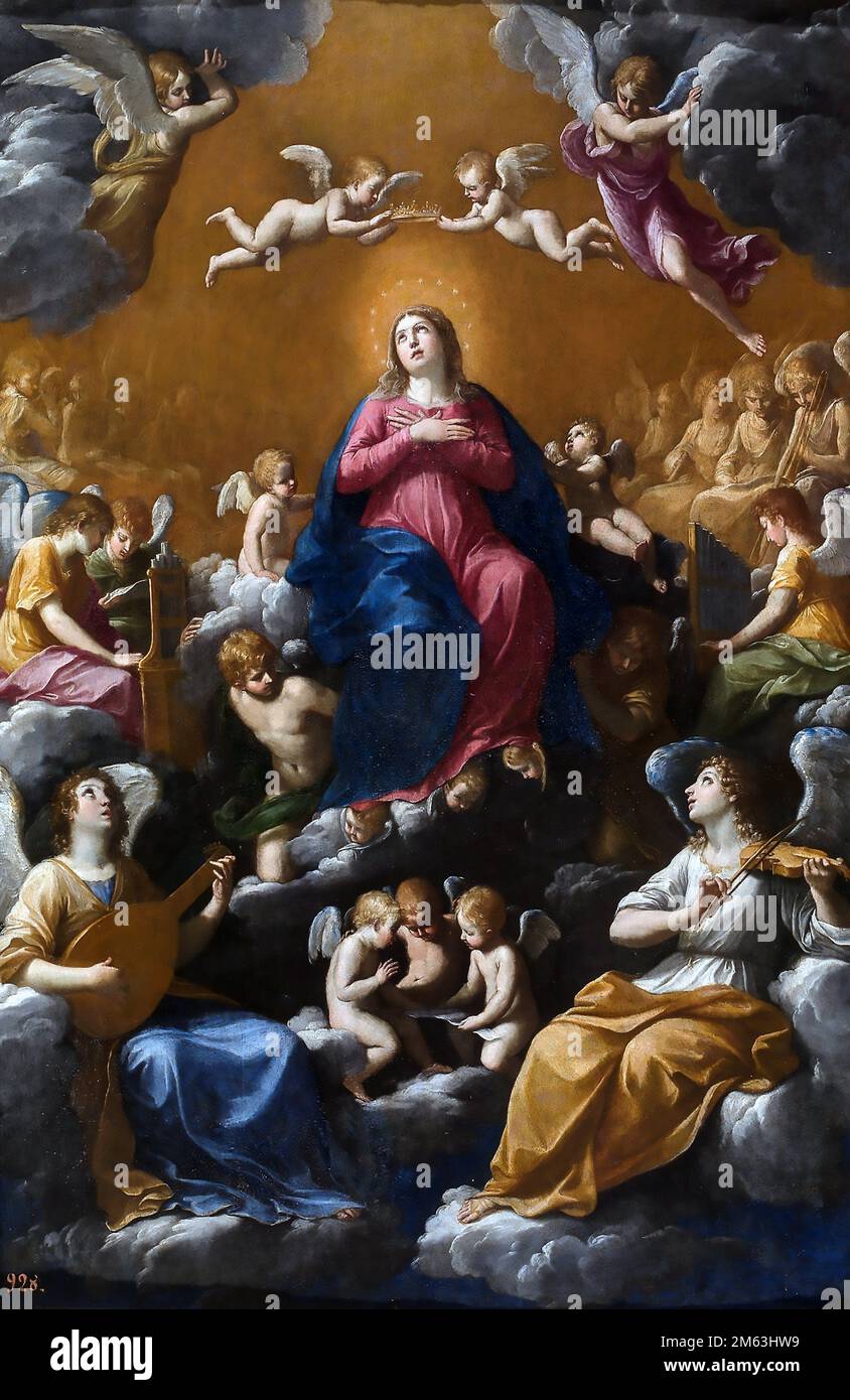 Die Himmelfahrt und Krönung der Jungfrau ist ein Ölgemälde auf Leinwand aus dem Jahr 1630-1631 des italienischen Malers Guido Reni. Die Arbeit sieht man Stockfoto