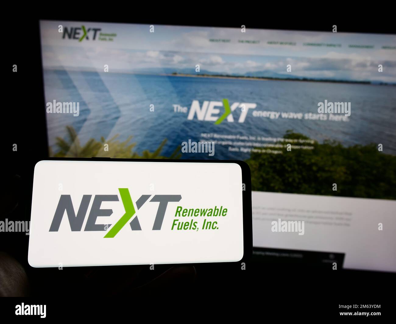 Person, die ein Mobiltelefon mit dem Logo der amerikanischen Firma NEXT Renewable Fuels Inc. Auf dem Bildschirm vor der Webseite hält. Konzentrieren Sie sich auf das Display des Telefons. Stockfoto