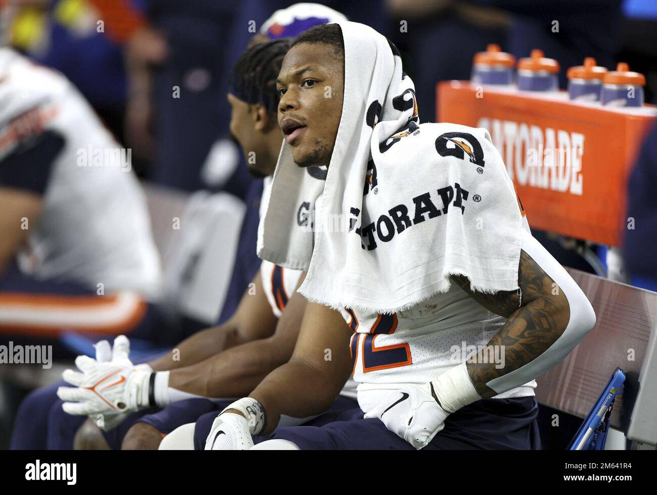 Chicago Bears Running Back David Montgomery sitzt am Sonntag, den 1. Januar 2023, im Ford Field in Detroit im vierten Quartal gegen die Detroit Lions auf der Bank. (Chris Sweda/Chicago Tribune/TNS) Foto über Guthaben: Newscom/Alamy Live News Stockfoto
