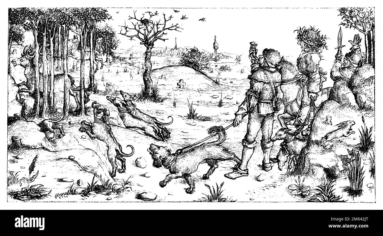 Rotwild, Hirschjagd im 15. Jahrhundert, Cervus elaphus, (Kulturgeschichtbuch, 1893), Rothirsch, Hirschjagd im 15. Jahrhundert, cerf élaphe, La chasse au cerf au 15e siècle Stockfoto