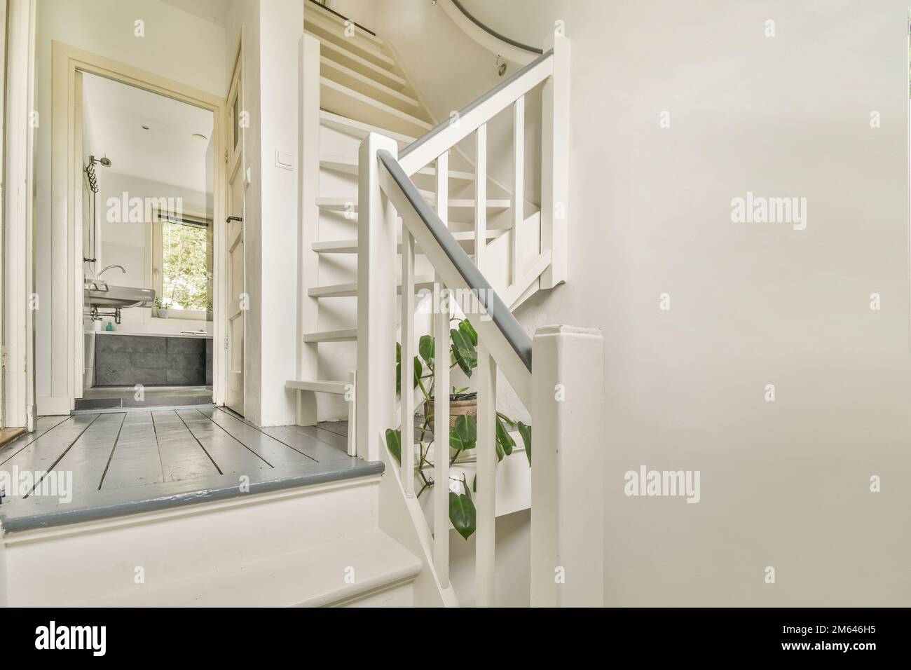 Eine Treppe in einem Haus mit Pflanzen an der Wand und Treppen, die zum Bereich im zweiten Stock führen Stockfoto