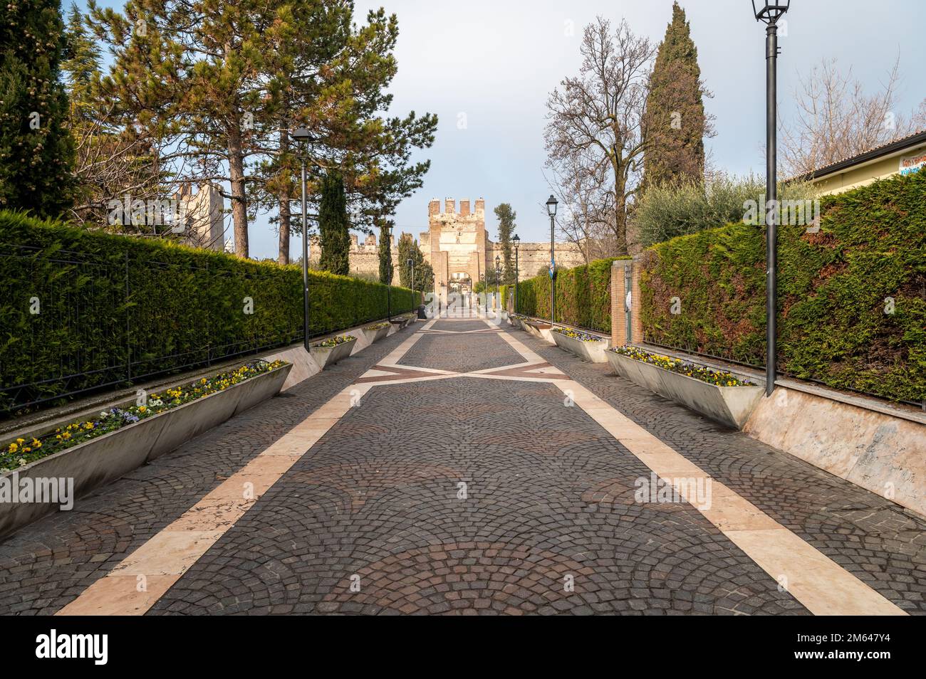 Tor des Löwen vom Heiligen Markus und Turm der ummauerten Stadt Lazise am Gardasee, Provinz Verona, Region Veneto, Norditalien, Europa Stockfoto