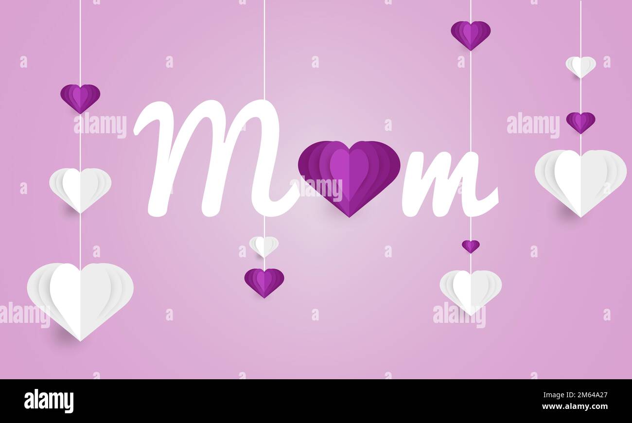 Mutterwort mit fliegenden Papierherzen auf lila Hintergrund geprägt. Vektorsymbole der Liebe in Form eines Herzens. Stock Vektor