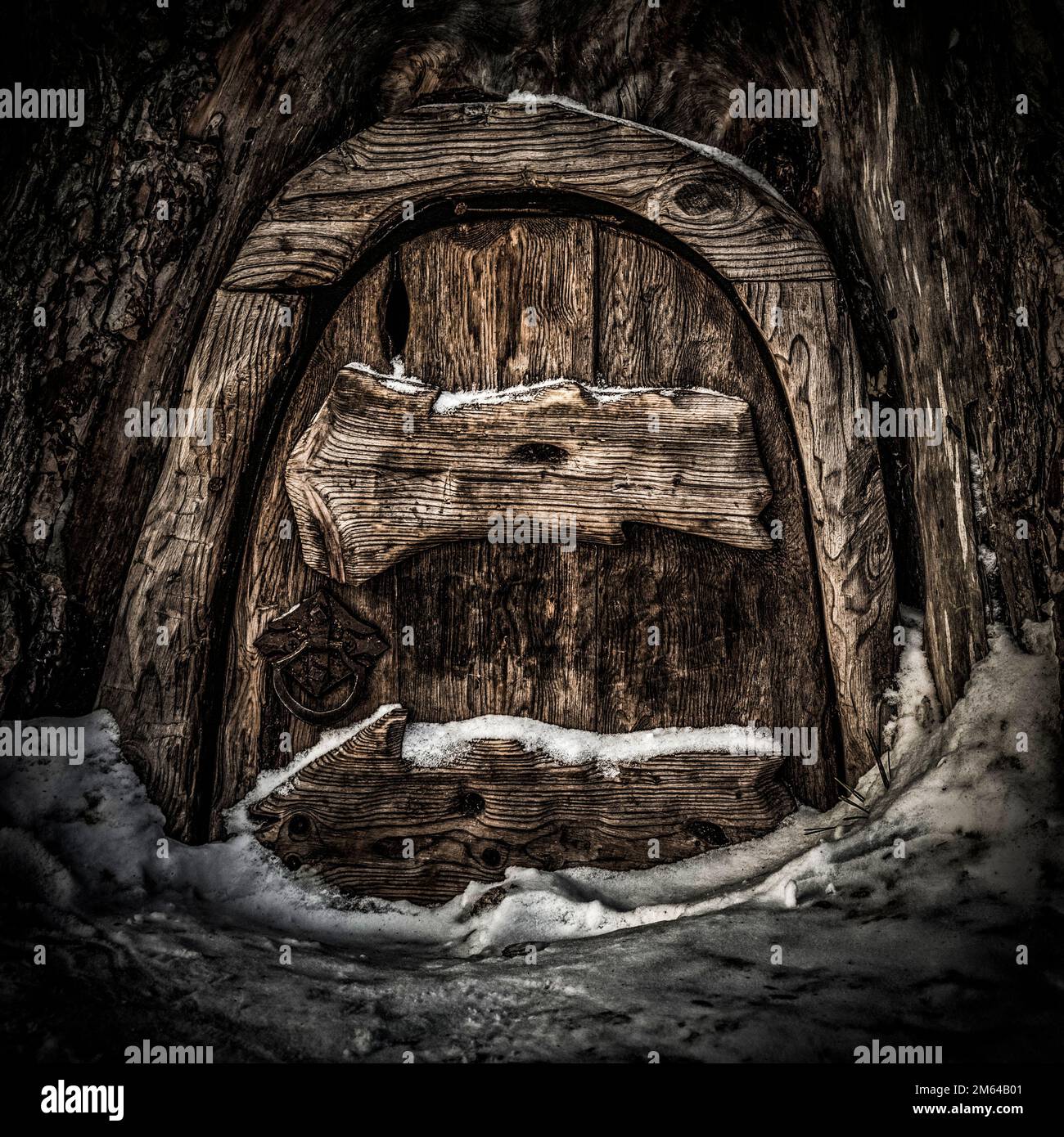Die Holztür des Hauses der Zwerge in der Kiefer. Stockfoto